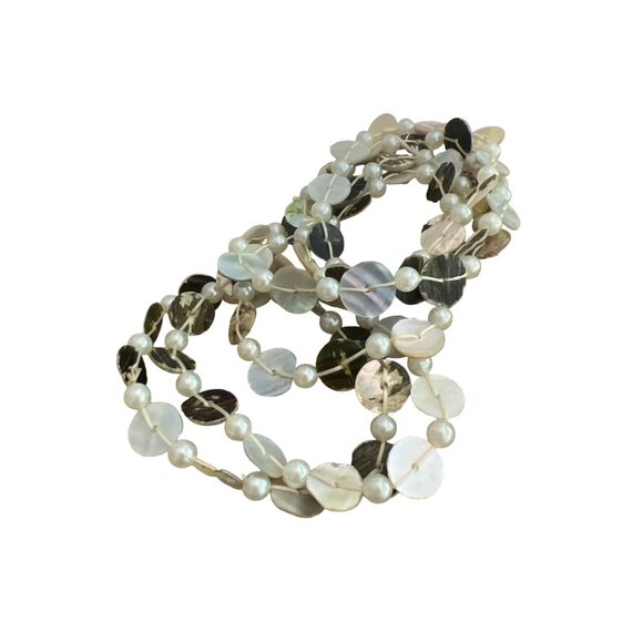 Set of 6 Stretch Bracelets Abalone Mother of Pearl Shells Faux Pearl Beads 7" - Picture 1 of 3
